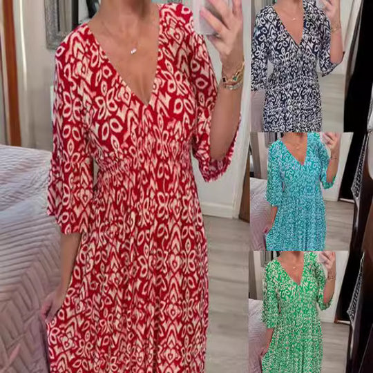 Damen Maxikleid mit schmeichelndem V-Ausschnitt und voluminösen Ärmeln Heidi-Mode