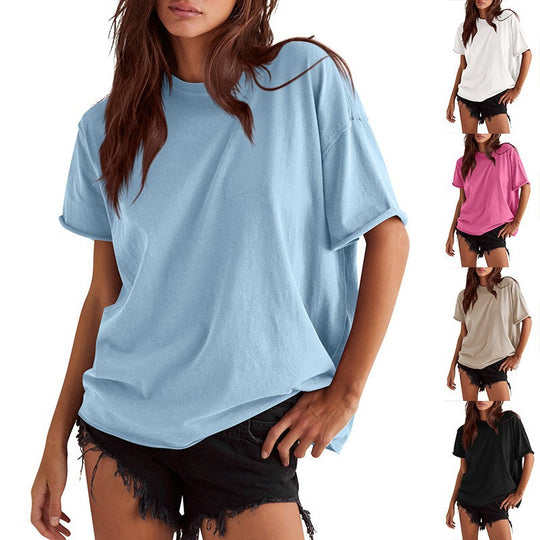 Damen Oversized T-Shirt aus hochwertiger Baumwolle mit eingewebtem Logo Heidi-Mode