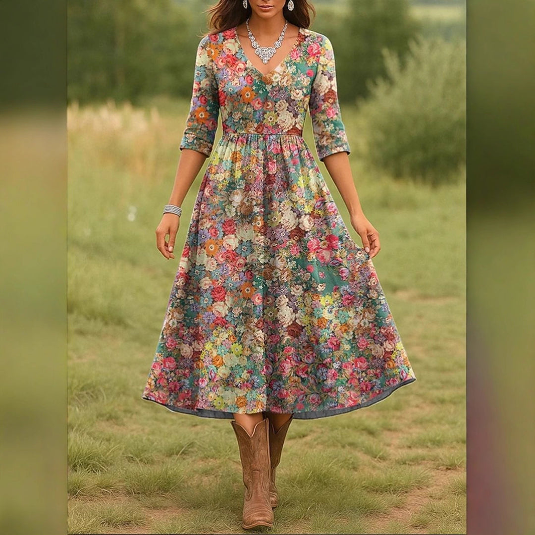 Damen Maxikleid mit floralem Design und elegantem V-Ausschnitt Heidi-Mode