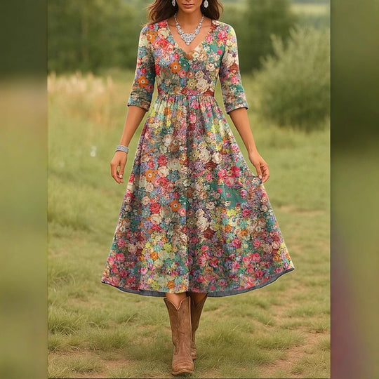 Damen Maxikleid mit floralem Design und elegantem V-Ausschnitt Heidi-Mode