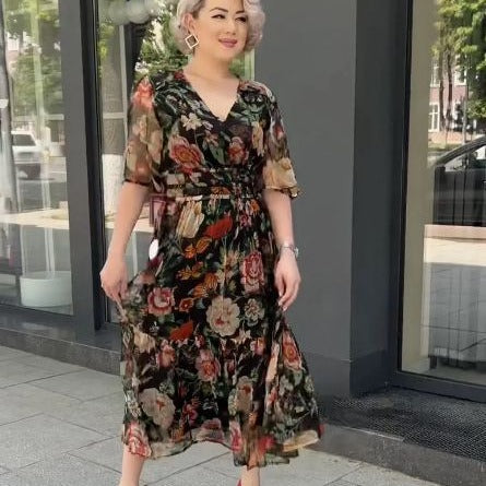 Damen Floral Maxi Kleid mit Rüschensleeves und hohem Schlitz Heidi-Mode
