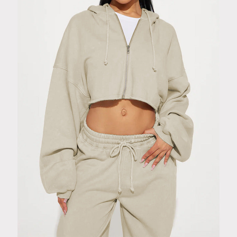 Damen Sportliches Fleece-Set mit cropped Hoodie und weitem Schnitt Heidi-Mode