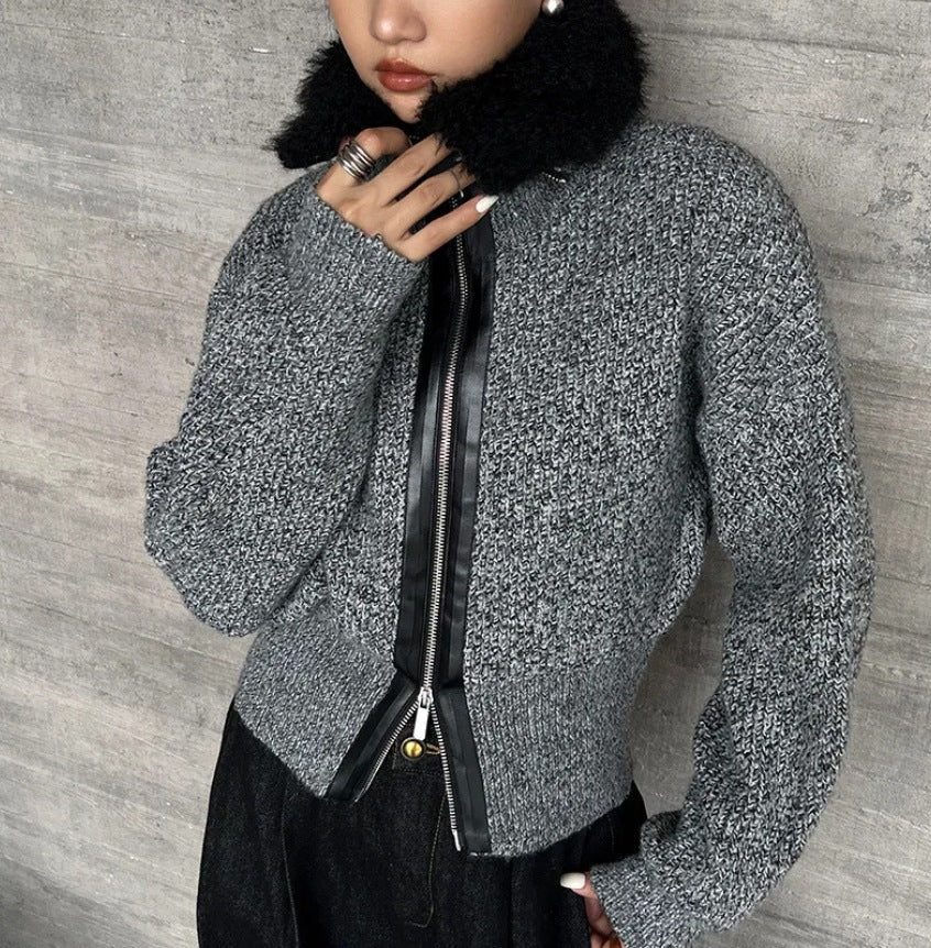 Damen Strickjacke mit kontrastierendem Kragen und seitlichem Reißverschluss Heidi-Mode