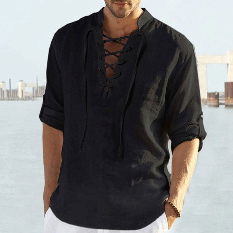 Herren luftige Leinenbluse mit dekorativem Schnürverschluss Heidi-Mode