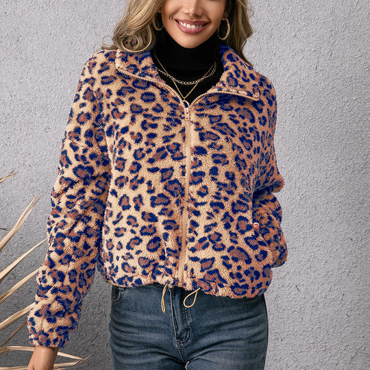 Damen Fleecejacke mit Leoparddruck und seitlichen Taschen Heidi-Mode