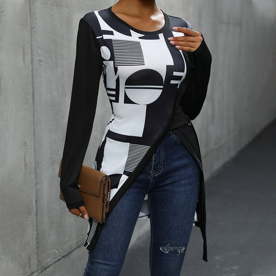 Damen Langarmshirt mit grafischem Muster und asymmetrischem Saum Heidi-Mode