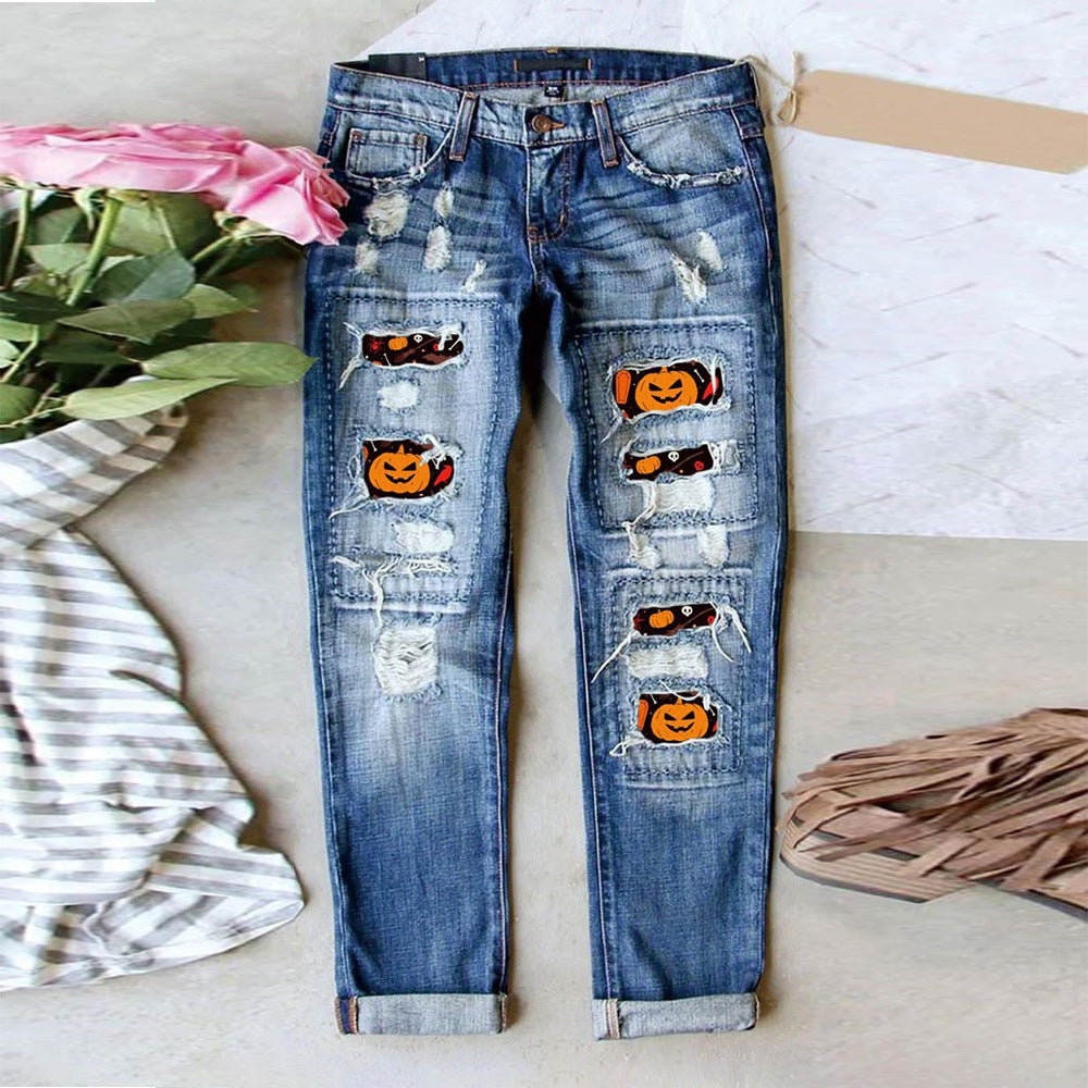 Damen Destroyed Jeans mit einzigartigen Halloween-Designs Heidi-Mode