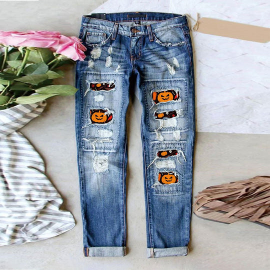 Damen Destroyed Jeans mit einzigartigen Halloween-Designs Heidi-Mode