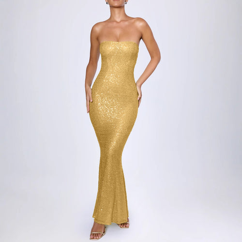 Damen Trägerloses Glamour-Maxi-Kleid mit schimmernden Pailletten und elegantem Schnitt Heidi-Mode