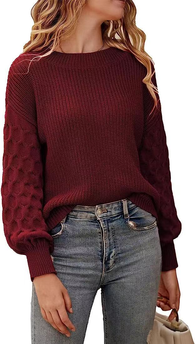 Damen modischer Strickpullover mit strukturierten Ärmeln und Rundhalsausschnitt Heidi-Mode