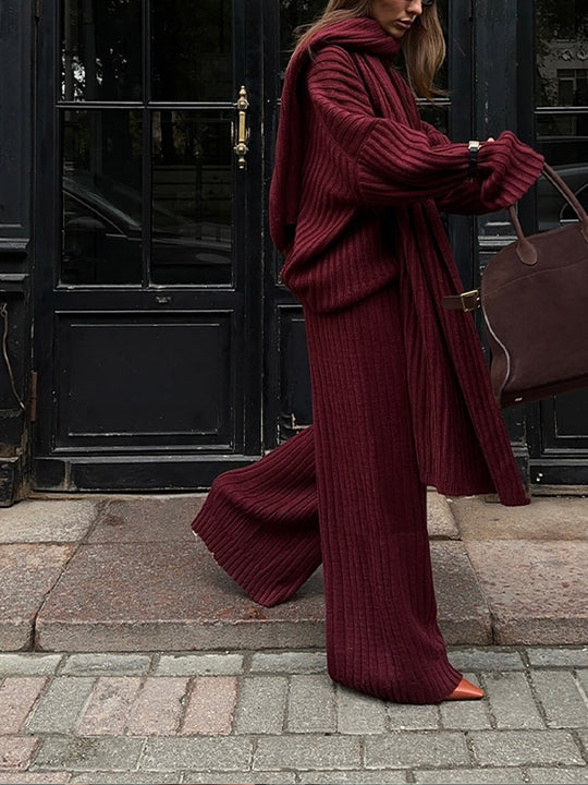 Damen Strickstoff Zweiteiler mit weitem Bein und oversized Oberteil Heidi-Mode