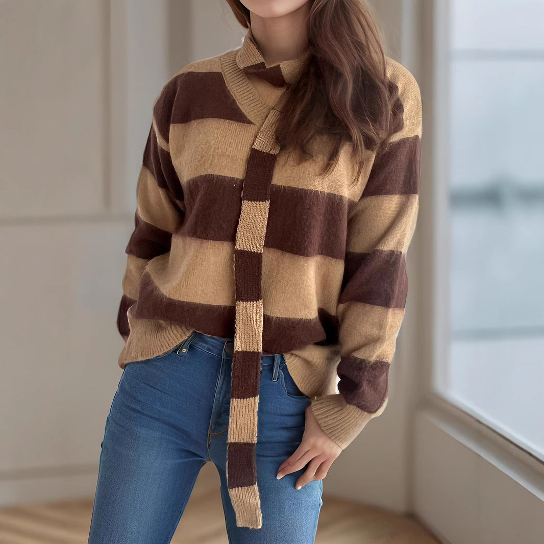 Damen lässiger Strickpullover mit modernem Streifenmuster und dekorativem Schal Heidi-Mode
