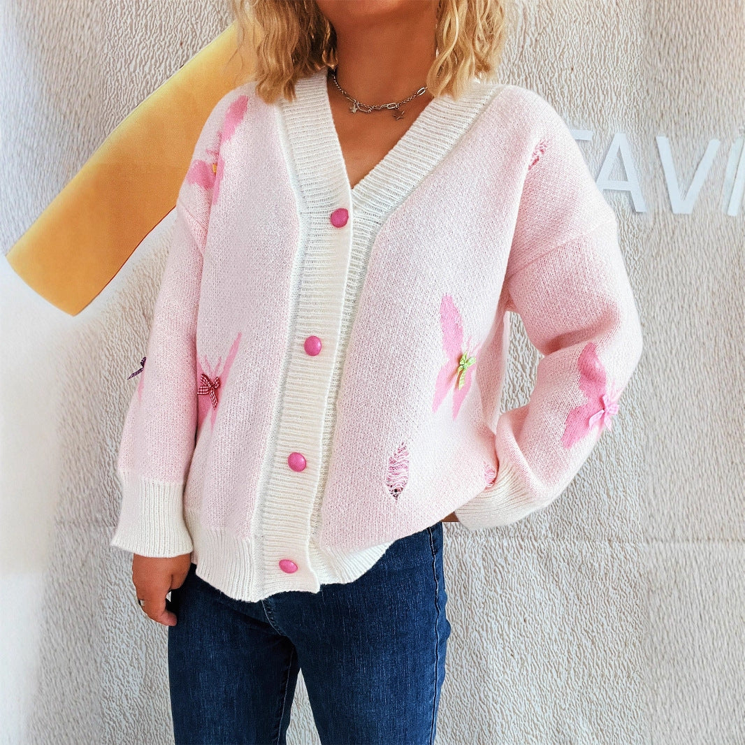 Damen Strickjacke mit verspieltem Schmetterlingsdesign und Knopfverschluss Heidi-Mode