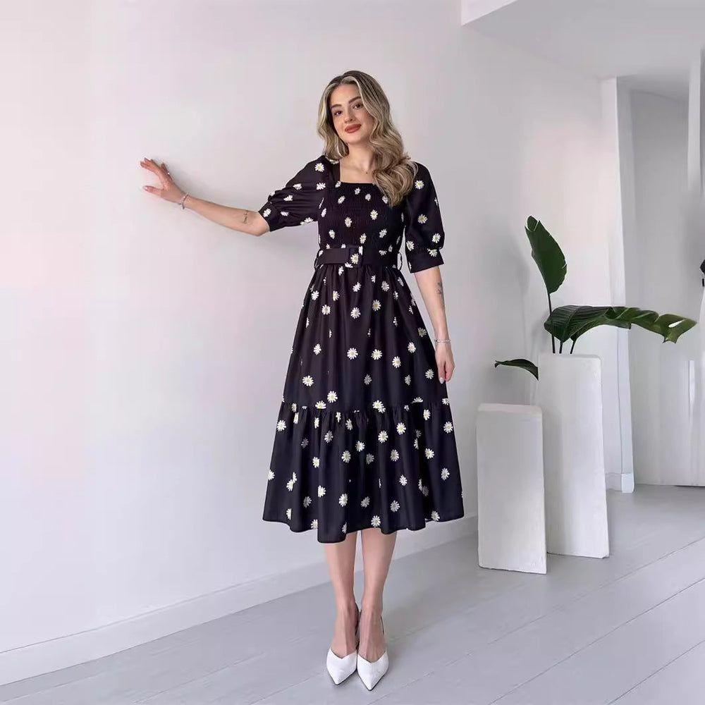 Heidi-Mode | Bedrucktes, taillenbetontes U-Ausschnitt Elegantes Kleid