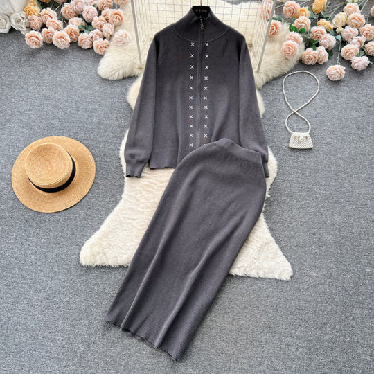 Damen eleganter Strickanzug mit Reißverschluss Heidi-Mode