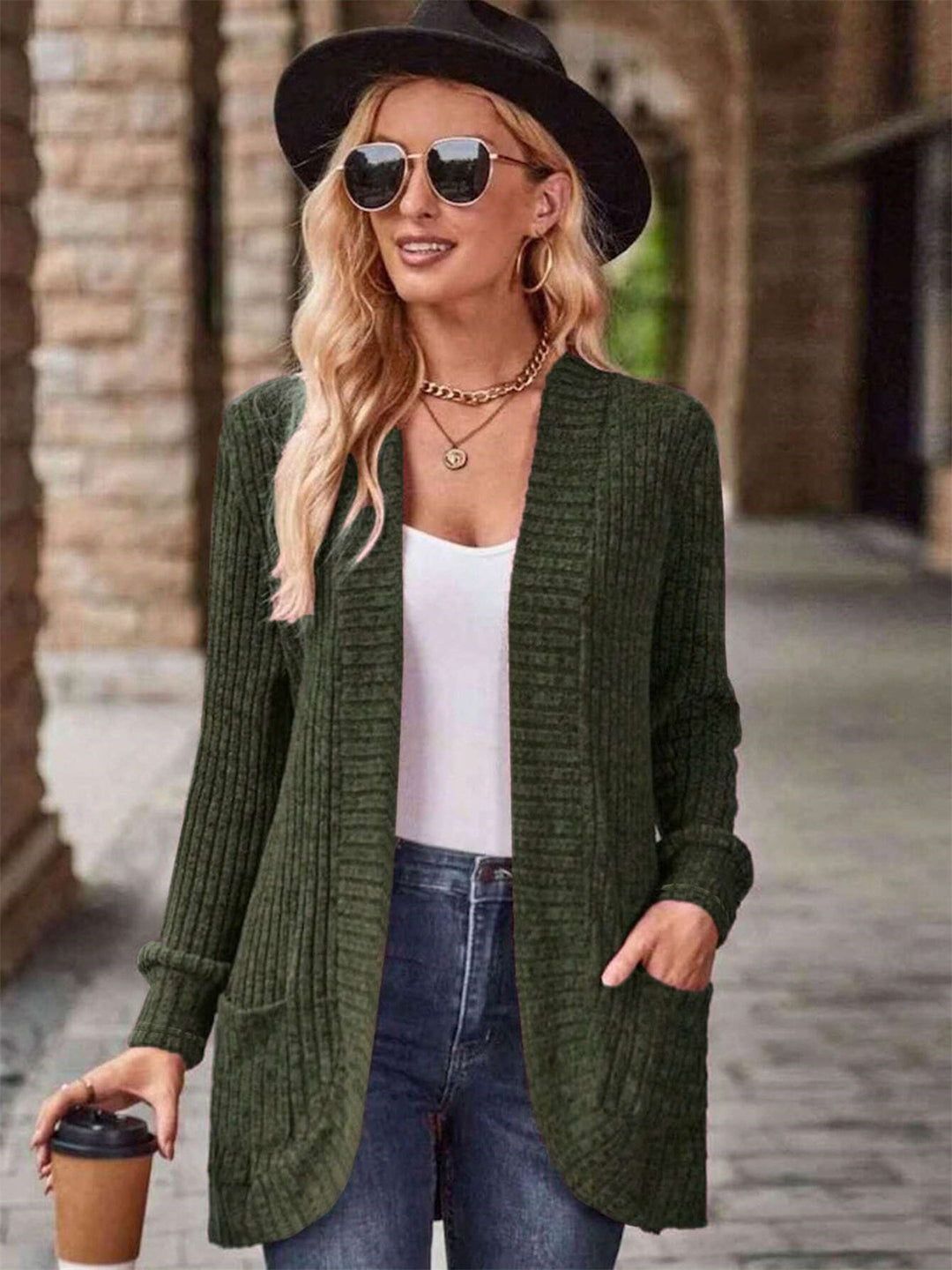 Damen offene Strickjacke mit strukturierter Oberfläche und praktischen Taschen Heidi-Mode