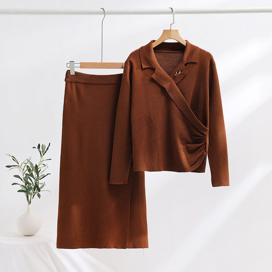 Damen elegantes Strickensemble mit Wickeloberteil und raffinierter hoher Taillierung Heidi-Mode