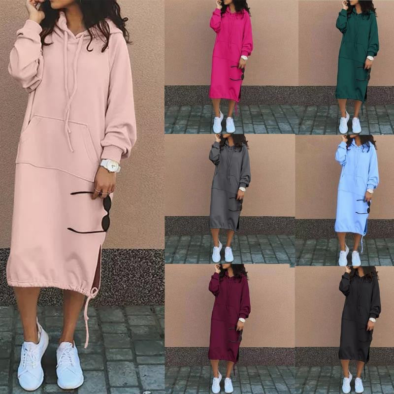 Damen Casual Hoodie Kleid mit verstellbarem Kordelzug-Saum Heidi-Mode
