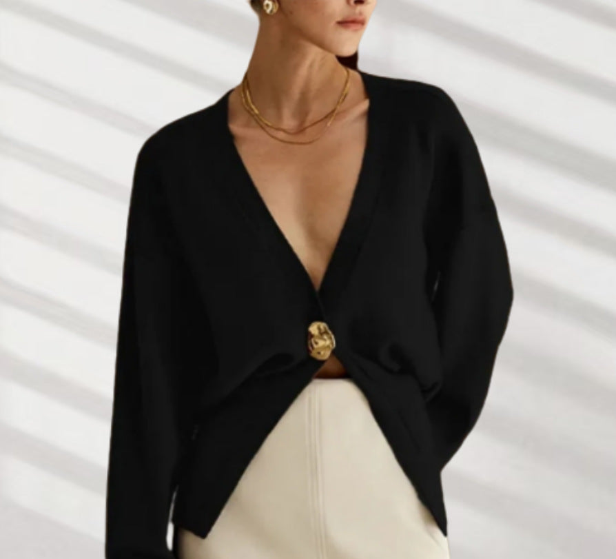 Damen Elegante Strickjacke mit tiefem V-Ausschnitt und dekorativem Knopf Heidi-Mode