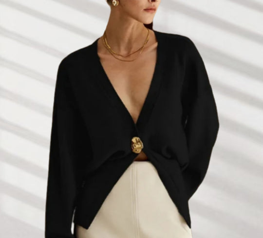Damen Elegante Strickjacke mit tiefem V-Ausschnitt und dekorativem Knopf Heidi-Mode