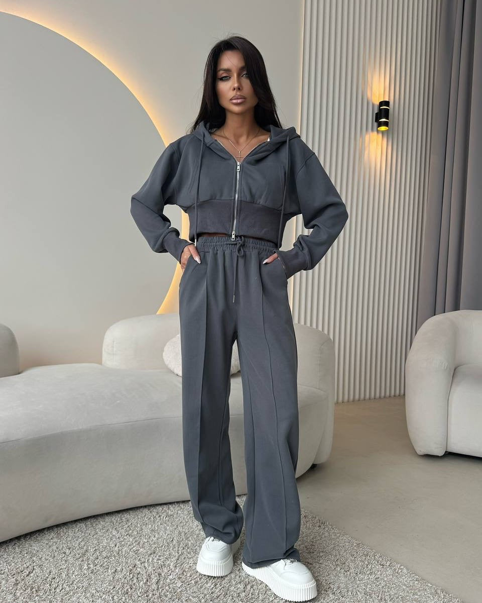 Damen modisches Zweiteiliges Sport-Loungewear-Set mit cropped Hoodie und weitem Schnitt Heidi-Mode