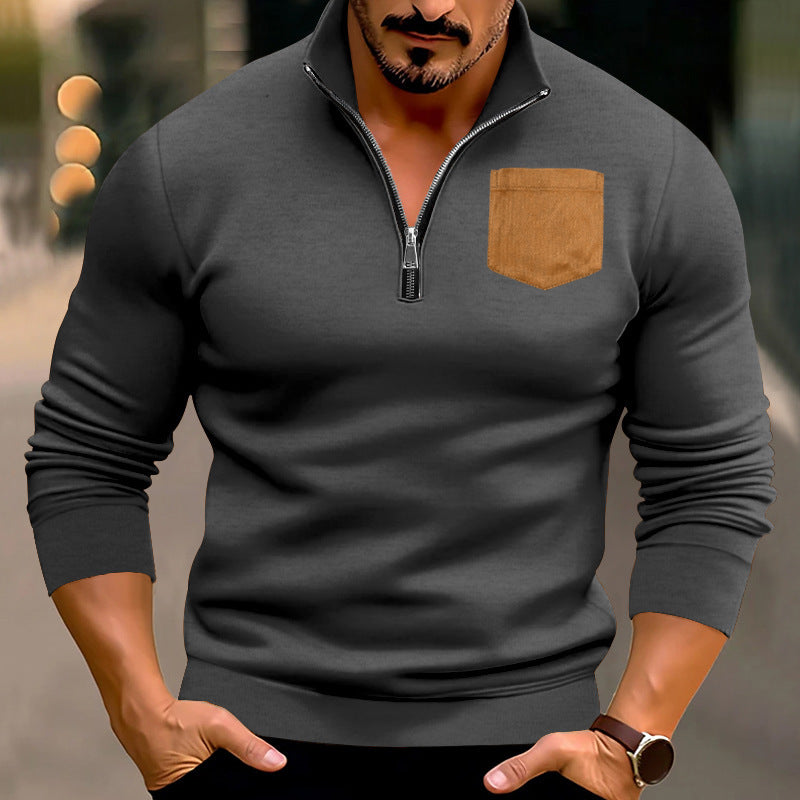 Herren sportlicher Pullover mit halbem Reißverschluss und kontrastierender Brusttasche Heidi-Mode