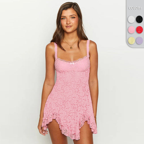 Damen Spitzenkleid mit asymmetrischem Saum und feinen Rüschendetails Heidi-Mode