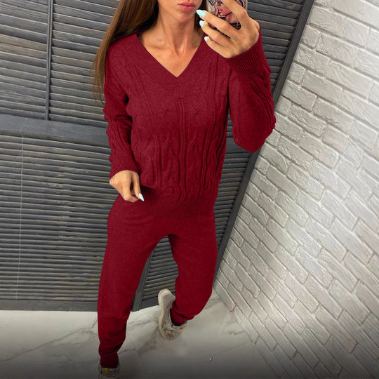 Damen Strickpullover und Jogginghose Set mit Zopfmuster Heidi-Mode