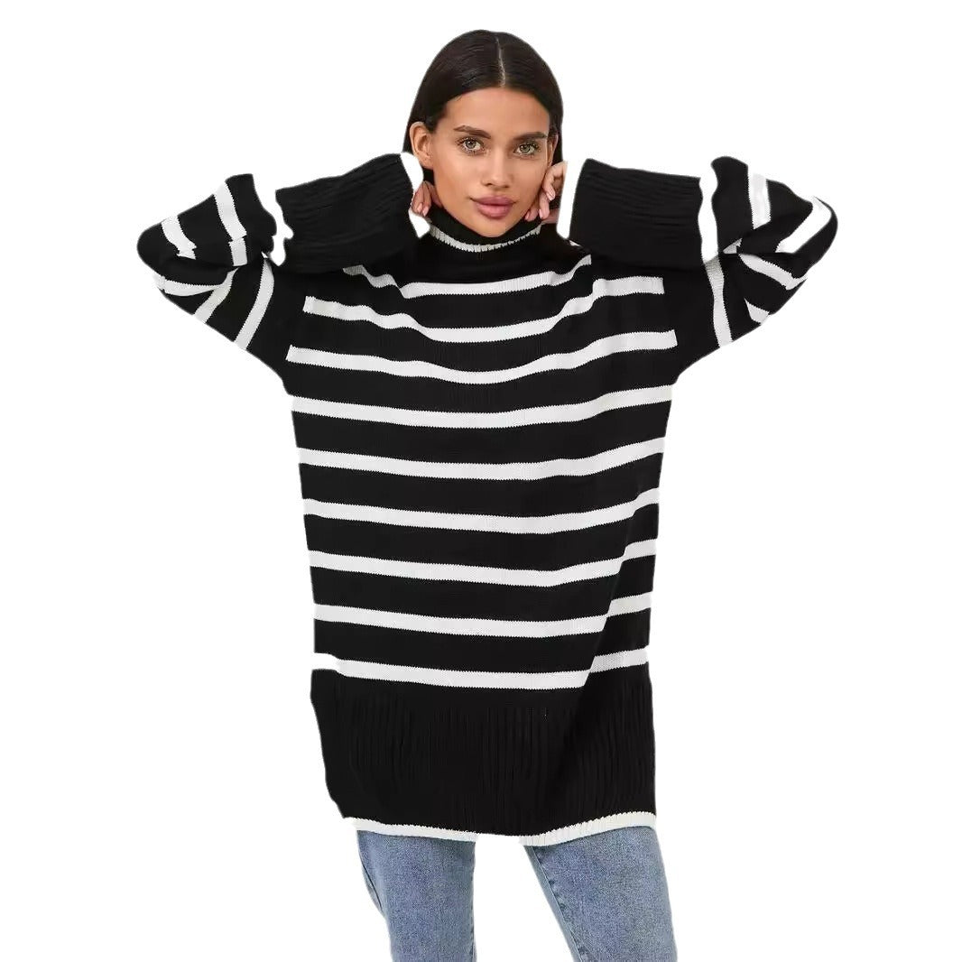 Damen gestrickter Rollkragenpullover mit modernem Streifenmuster und weitem Schnitt Heidi-Mode