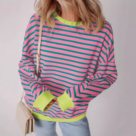 Damen lässiges gestreiftes Sweatshirt mit Boxy-Schnitt und kontrastierenden Abschlüssen Heidi-Mode