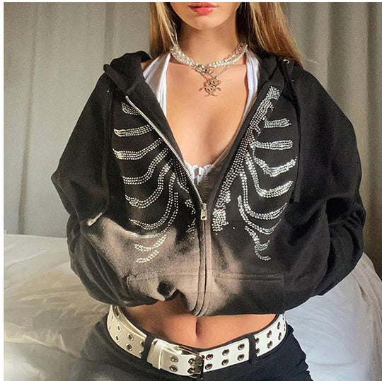 Damen Kapuzenjacke mit einzigartigem Skelett-Design und funkelnden Strasssteinen Heidi-Mode