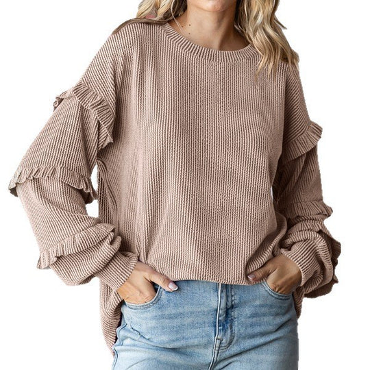 Damen Pullover mit Rüschendetails und farbenfrohem Strukturdesign Heidi-Mode