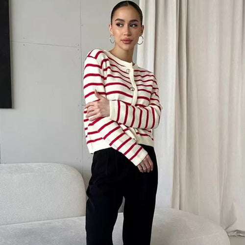 Damen gestreifter Cardigan mit Knopfdetails und vielseitiger Passform Heidi-Mode