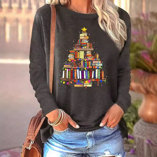 Damen lässiger Langarm-Pullover mit festlichem Bücher-Motiv Heidi-Mode