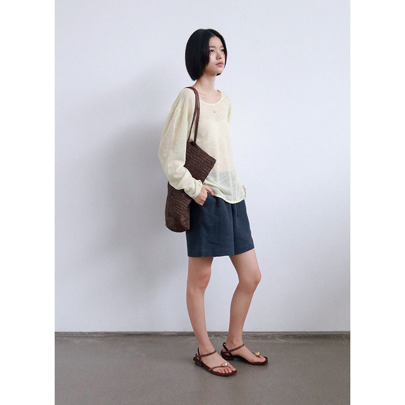 Damen luftige Leinen-Shorts mit elastischem Bund und verstellbarem Kordelzug Heidi-Mode