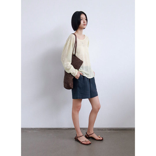 Damen luftige Leinen-Shorts mit elastischem Bund und verstellbarem Kordelzug Heidi-Mode