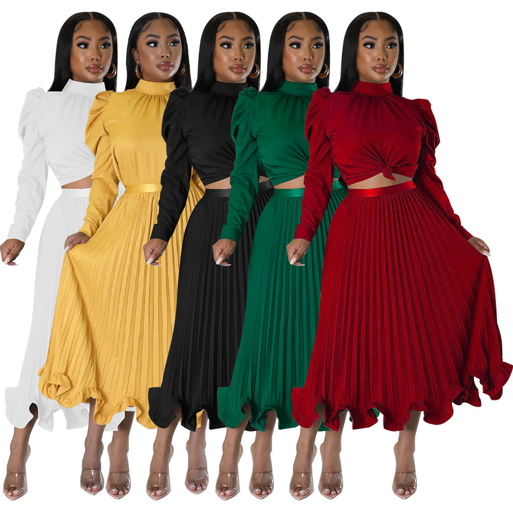 Damen elegantes Plissee-Kleid mit hochgeschlossenem Kragen und Volants Heidi-Mode