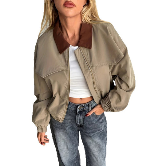 Damen Lässige Cropjacke mit weit geschnittenen Ärmeln und kontrastierendem Kragen Heidi-Mode