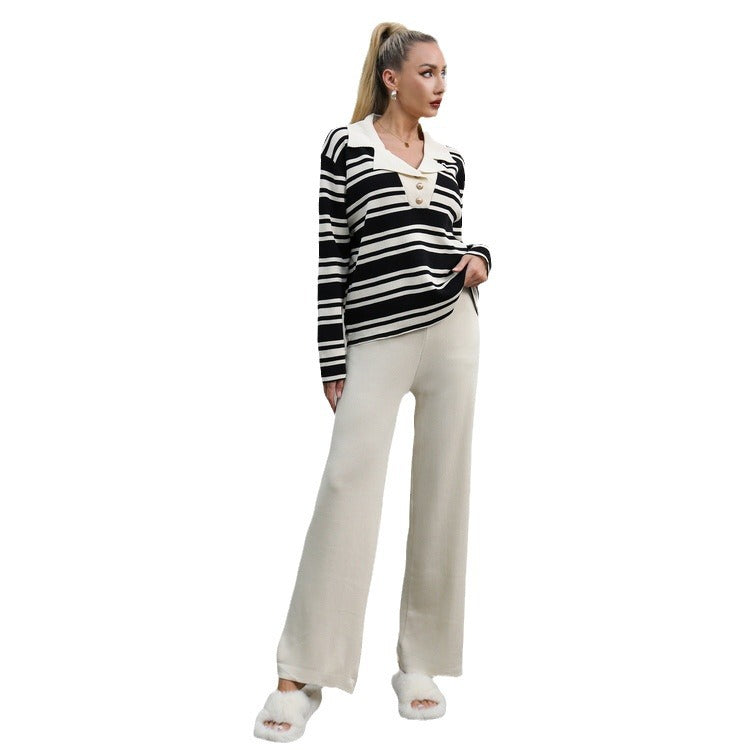 Damen elegantes Strick-Loungewear-Set mit einem modischen Kragen und weit geschnittenen Hosen Heidi-Mode
