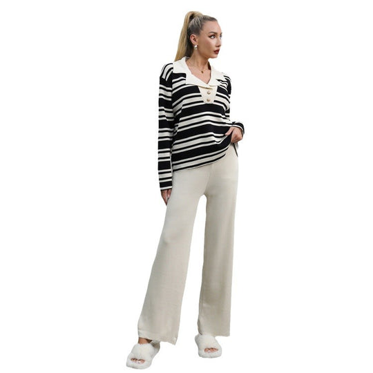 Damen elegantes Strick-Loungewear-Set mit einem modischen Kragen und weit geschnittenen Hosen Heidi-Mode