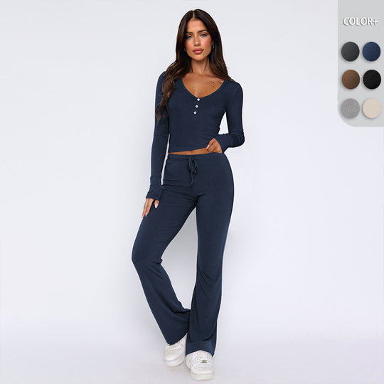 Damen bequemes Oberteil mit Knopfleiste und lockerer Hose Heidi-Mode