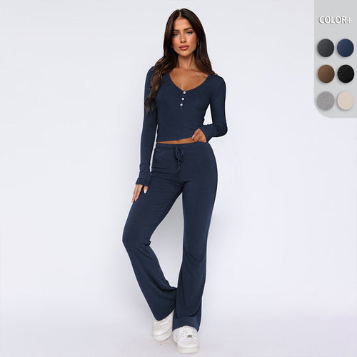 Damen bequemes Oberteil mit Knopfleiste und lockerer Hose Heidi-Mode