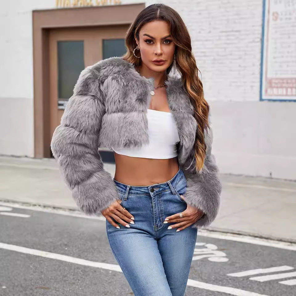 Damen Flauschige Kurzmantel aus Kunstfell mit puffartigen Ärmeln Heidi-Mode