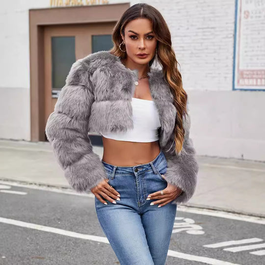 Damen Flauschige Kurzmantel aus Kunstfell mit puffartigen Ärmeln Heidi-Mode