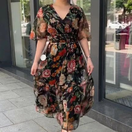 Damen Floral Maxi Kleid mit Rüschensleeves und hohem Schlitz Heidi-Mode