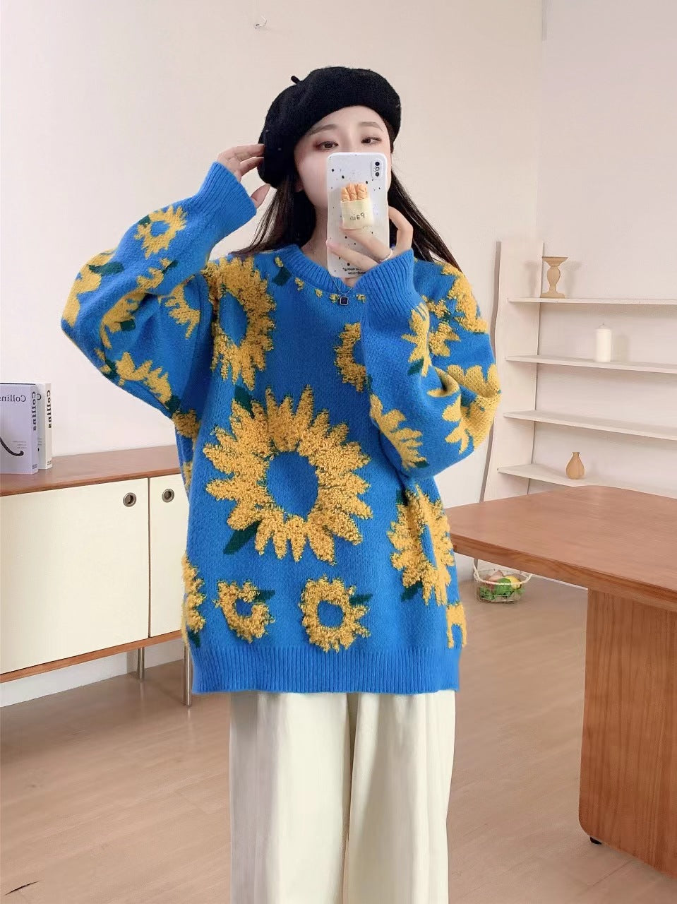 Damen Grobstrickpullover mit floralen Applikationen Heidi-Mode