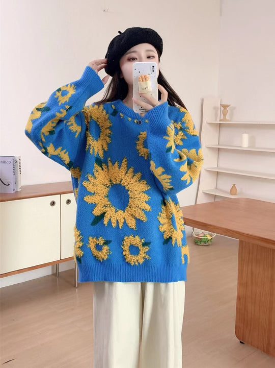 Damen Grobstrickpullover mit floralen Applikationen Heidi-Mode