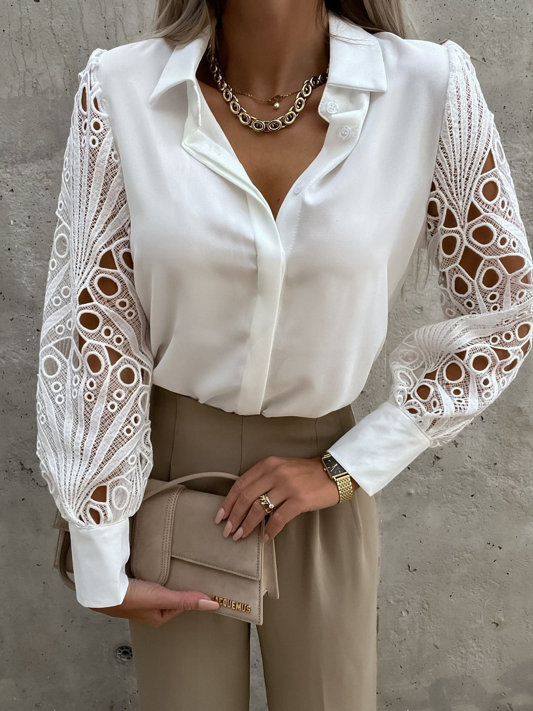 Damen Elegante Bluse mit kunstvollen Spitzenärmeln Heidi-Mode