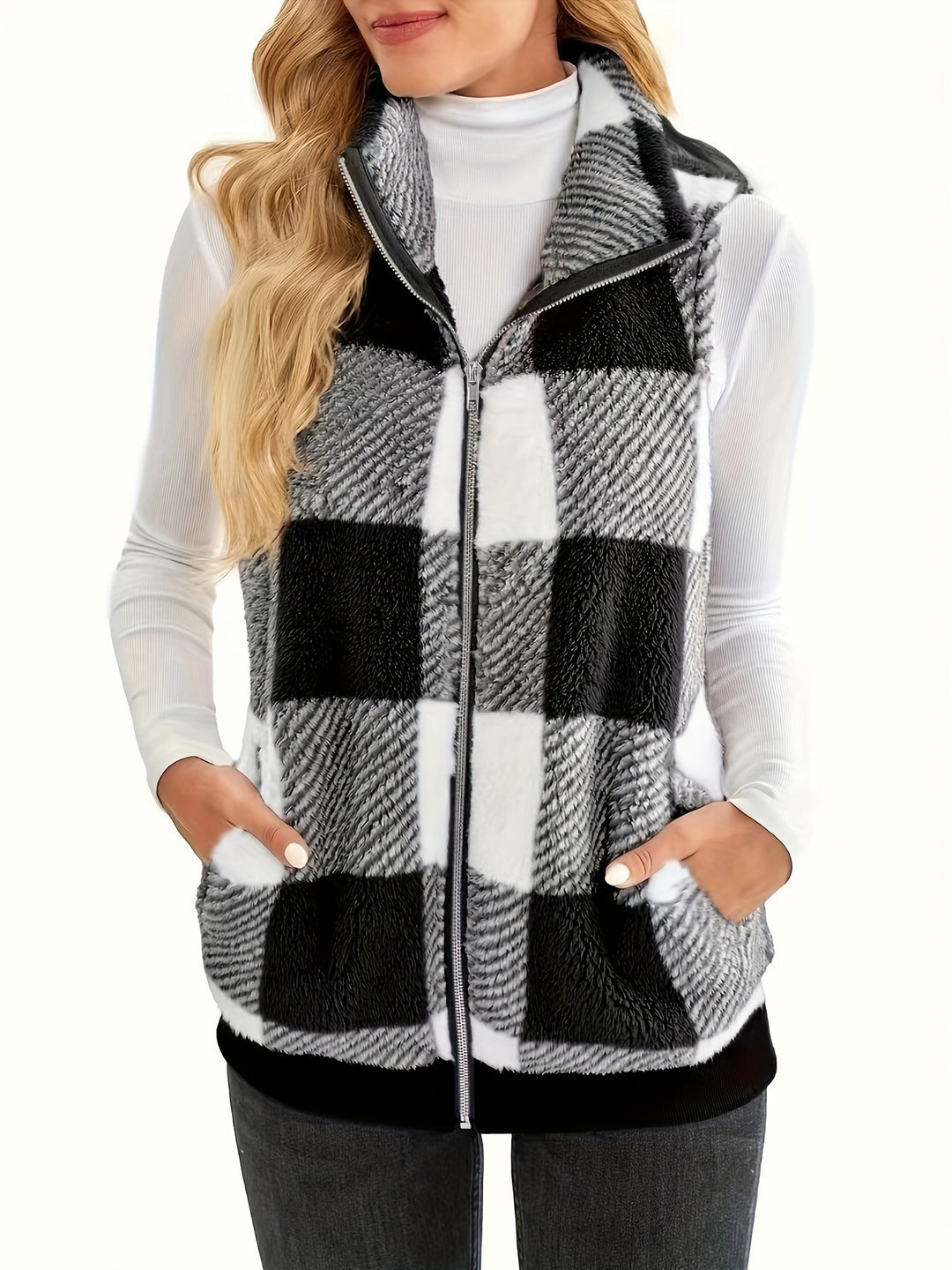 Damen Weste aus kuscheligem Fleece mit Karomuster und praktischen Taschen Heidi-Mode