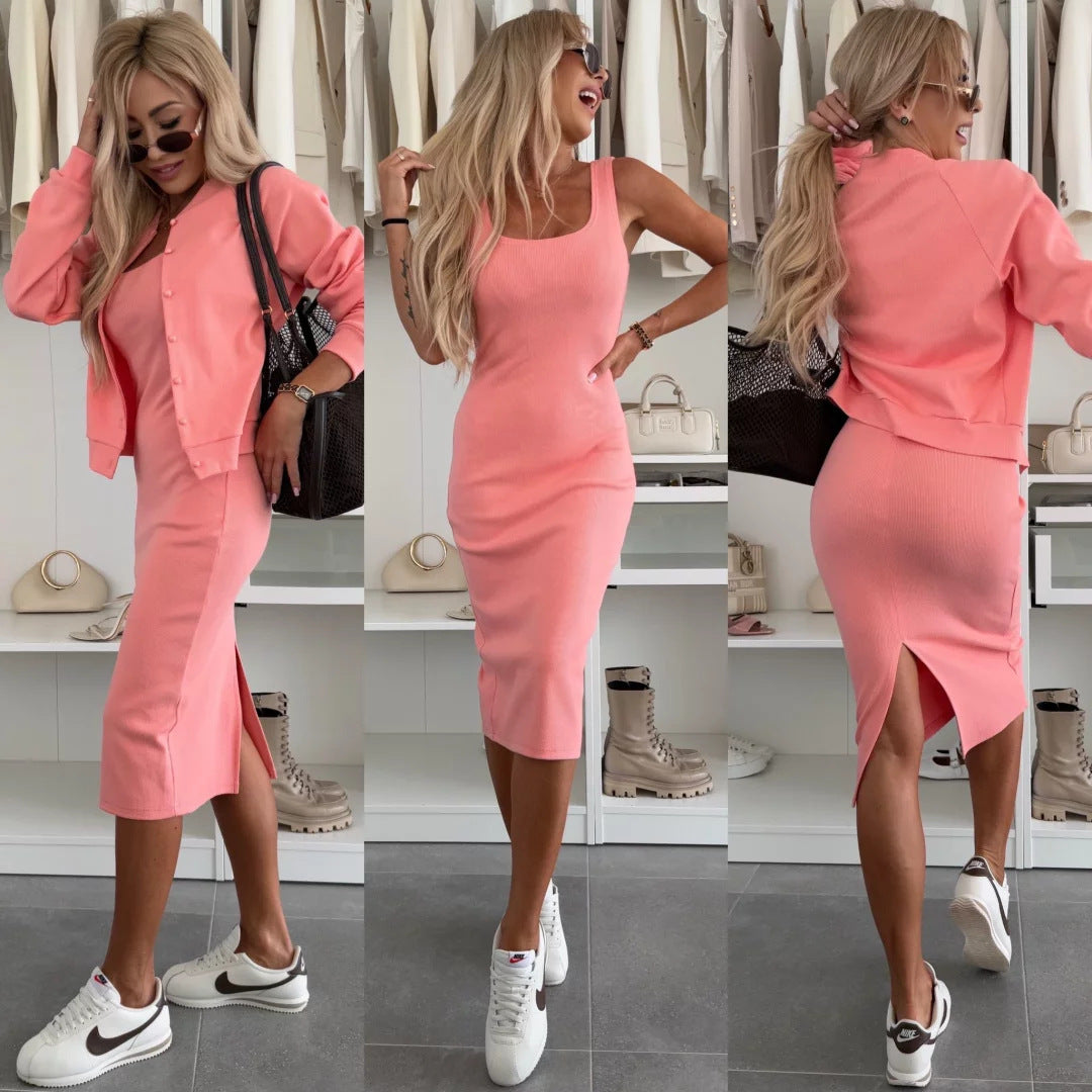 Damen elegantes Set aus figurbetontem Kleid und lässiger Jacke mit Druckknopf Heidi-Mode